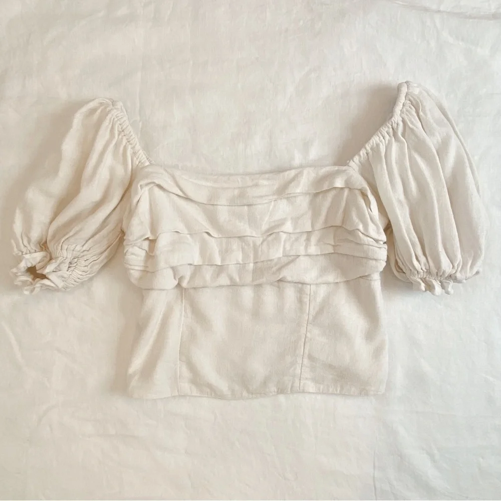 Abercrombie & Fitch Cream Linen Blend Smocked Puff Sleeve Top‎